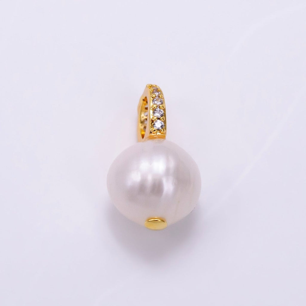 14K Gold plated Double Round Freshwater Pearl Micro Paved CZ Bail Pendant | P1079 - DLUXCA