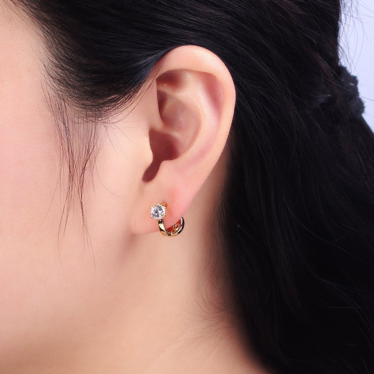 14K Gold plated Double Sided Round Clear CZ Dotted 11mm Cartilage Huggie Earrings | AD1463 - DLUXCA