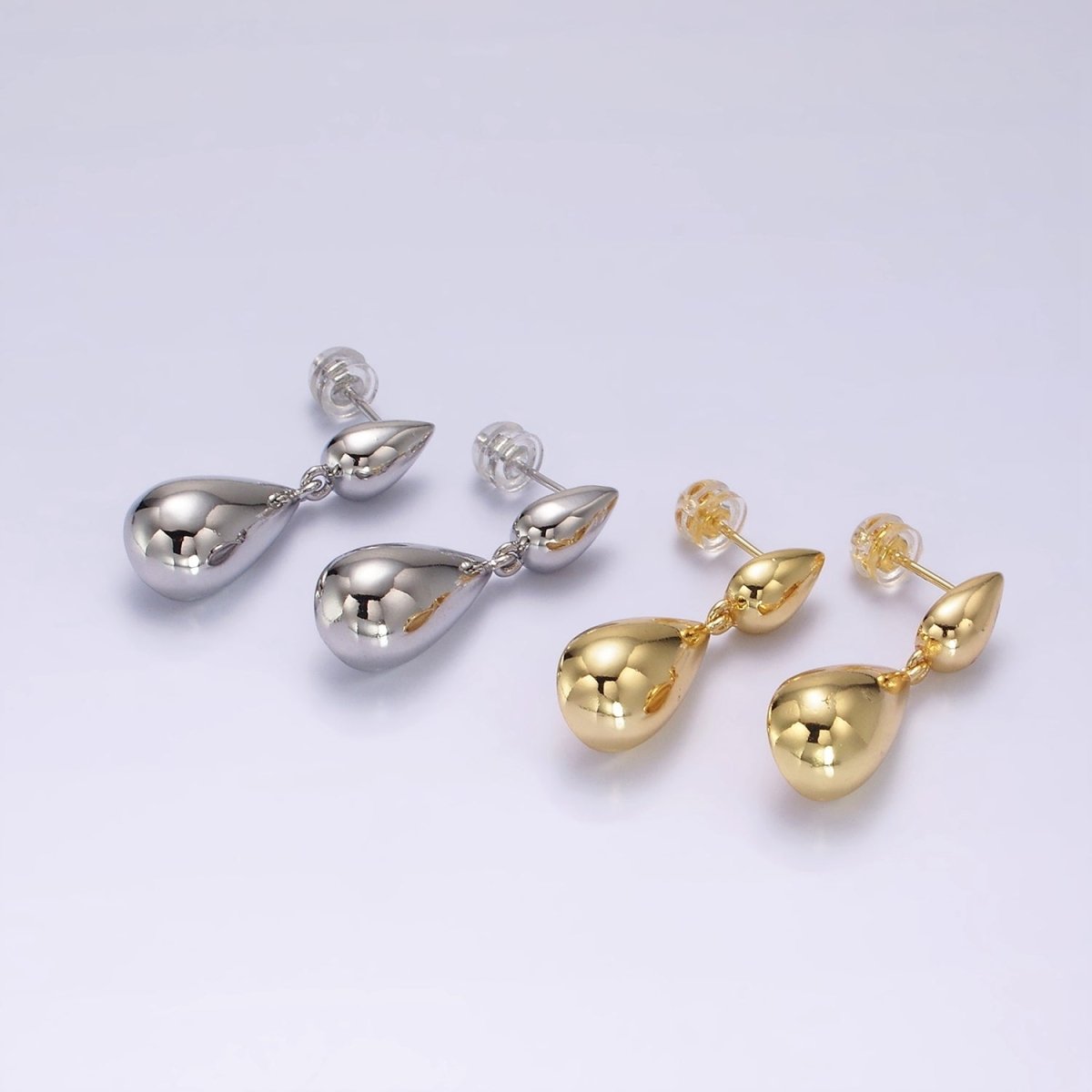 14K Gold plated Double Teardrop Dome Drop Stud Earrings in Gold & Silver | AE245 AE246