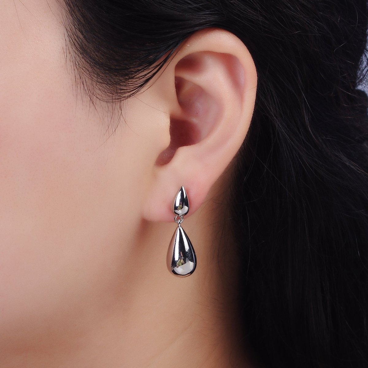 14K Gold plated Double Teardrop Dome Drop Stud Earrings in Gold & Silver | AE245 AE246