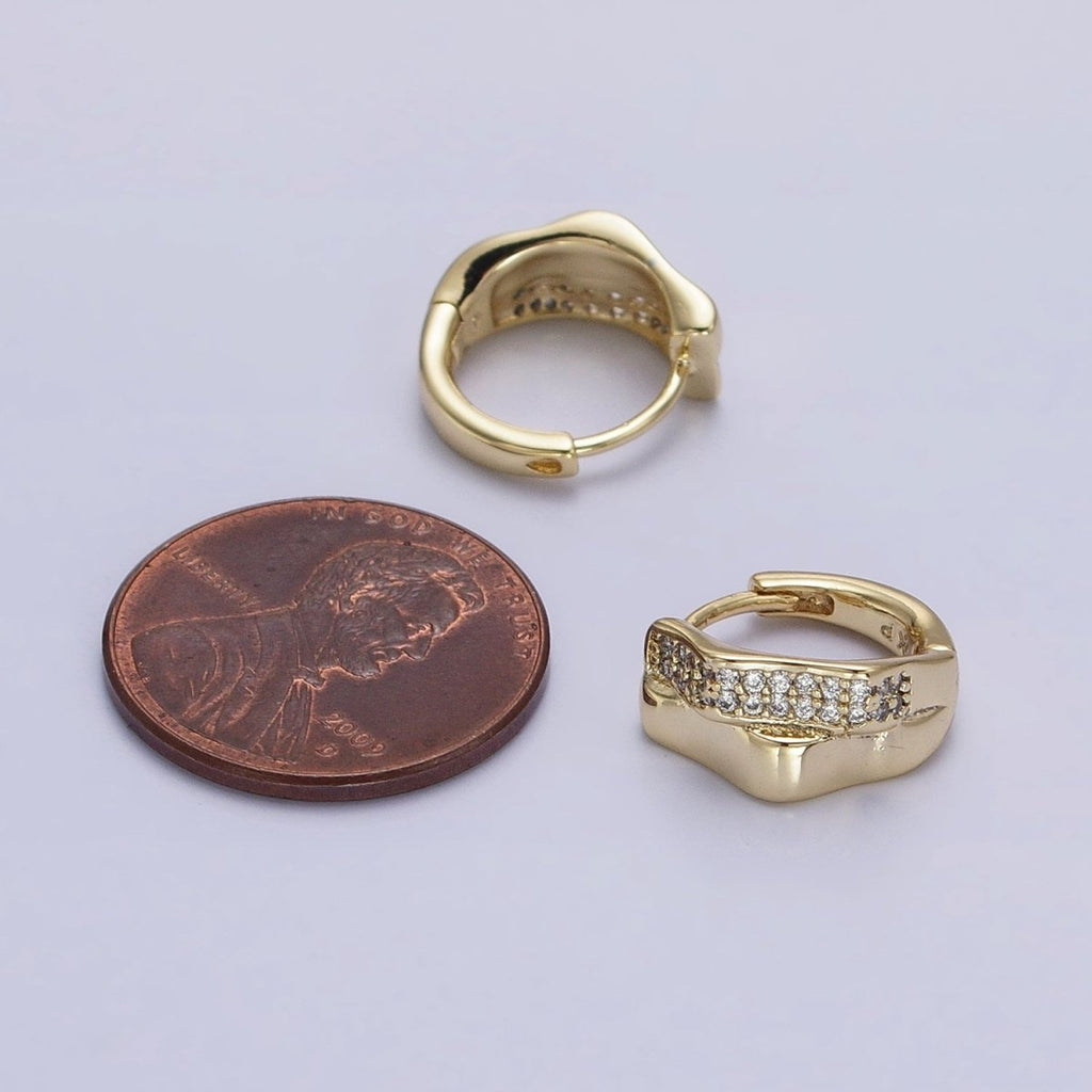 14K Gold plated Double Wavy Band Micro Paved CZ Geometric Huggie Earrings | AB1524 - DLUXCA
