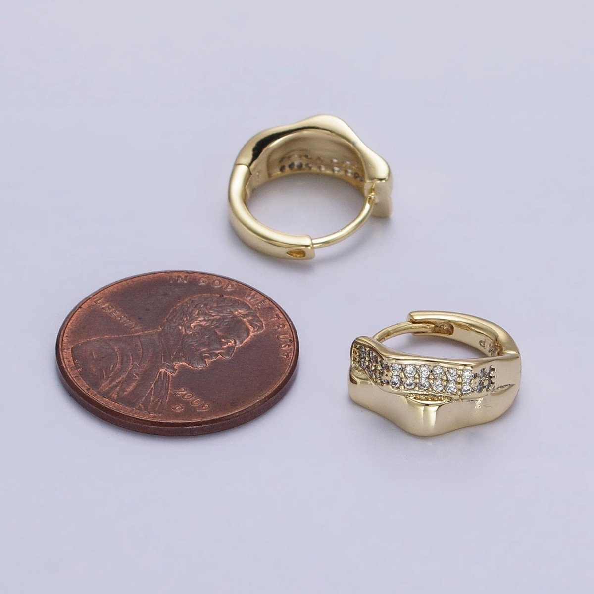 14K Gold plated Double Wavy Band Micro Paved CZ Geometric Huggie Earrings | AB1524 - DLUXCA