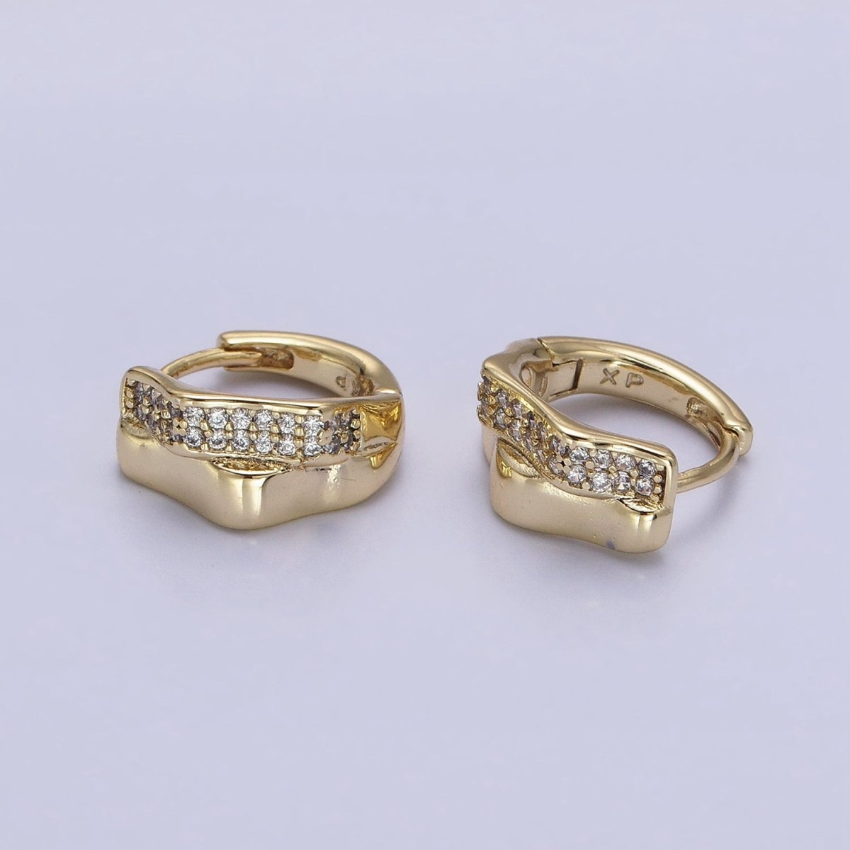 14K Gold plated Double Wavy Band Micro Paved CZ Geometric Huggie Earrings | AB1524 - DLUXCA