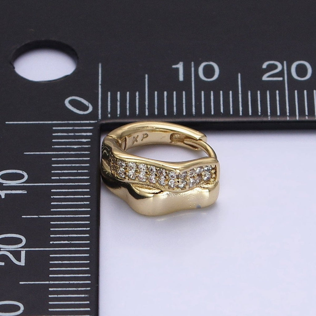 14K Gold plated Double Wavy Band Micro Paved CZ Geometric Huggie Earrings | AB1524 - DLUXCA