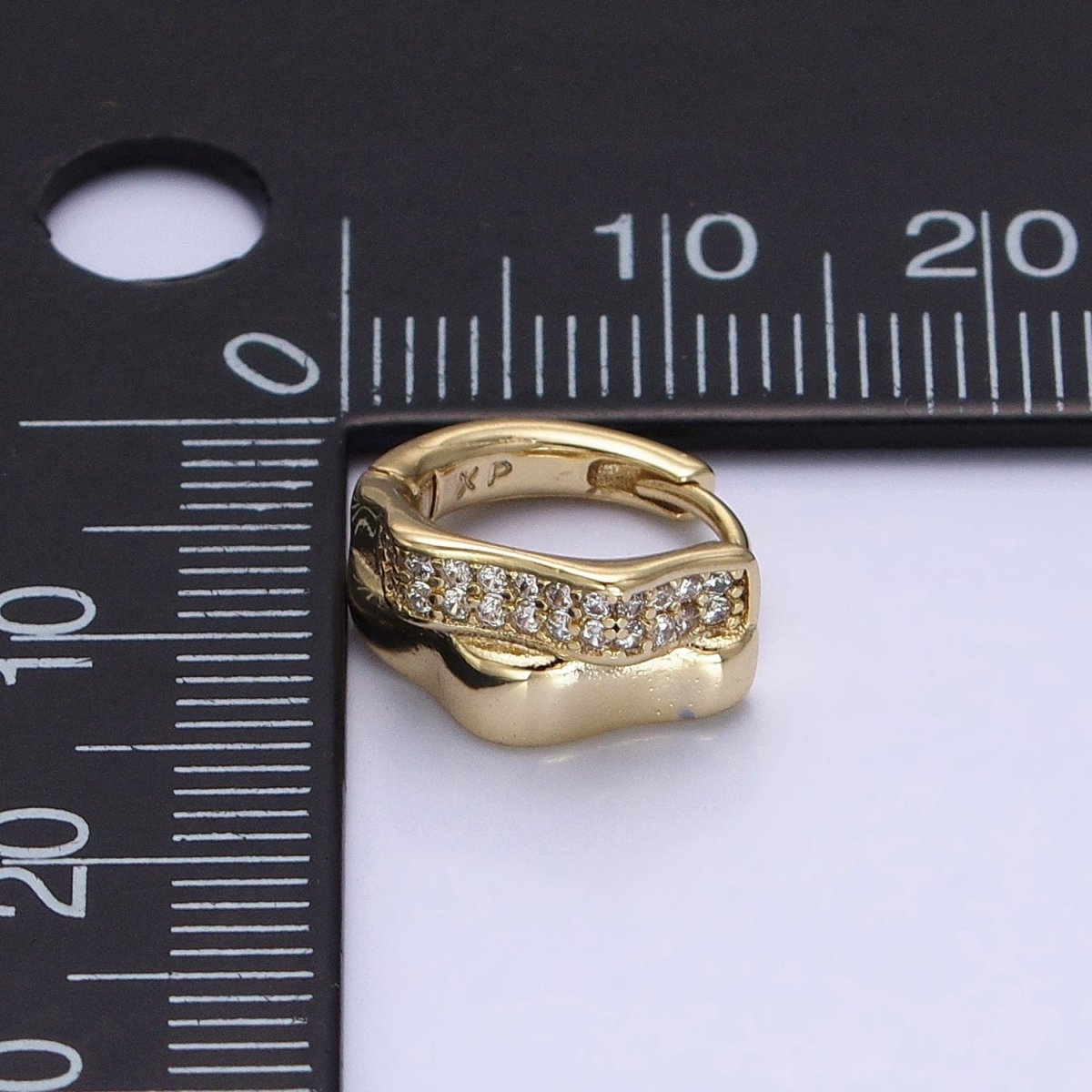 14K Gold plated Double Wavy Band Micro Paved CZ Geometric Huggie Earrings | AB1524 - DLUXCA