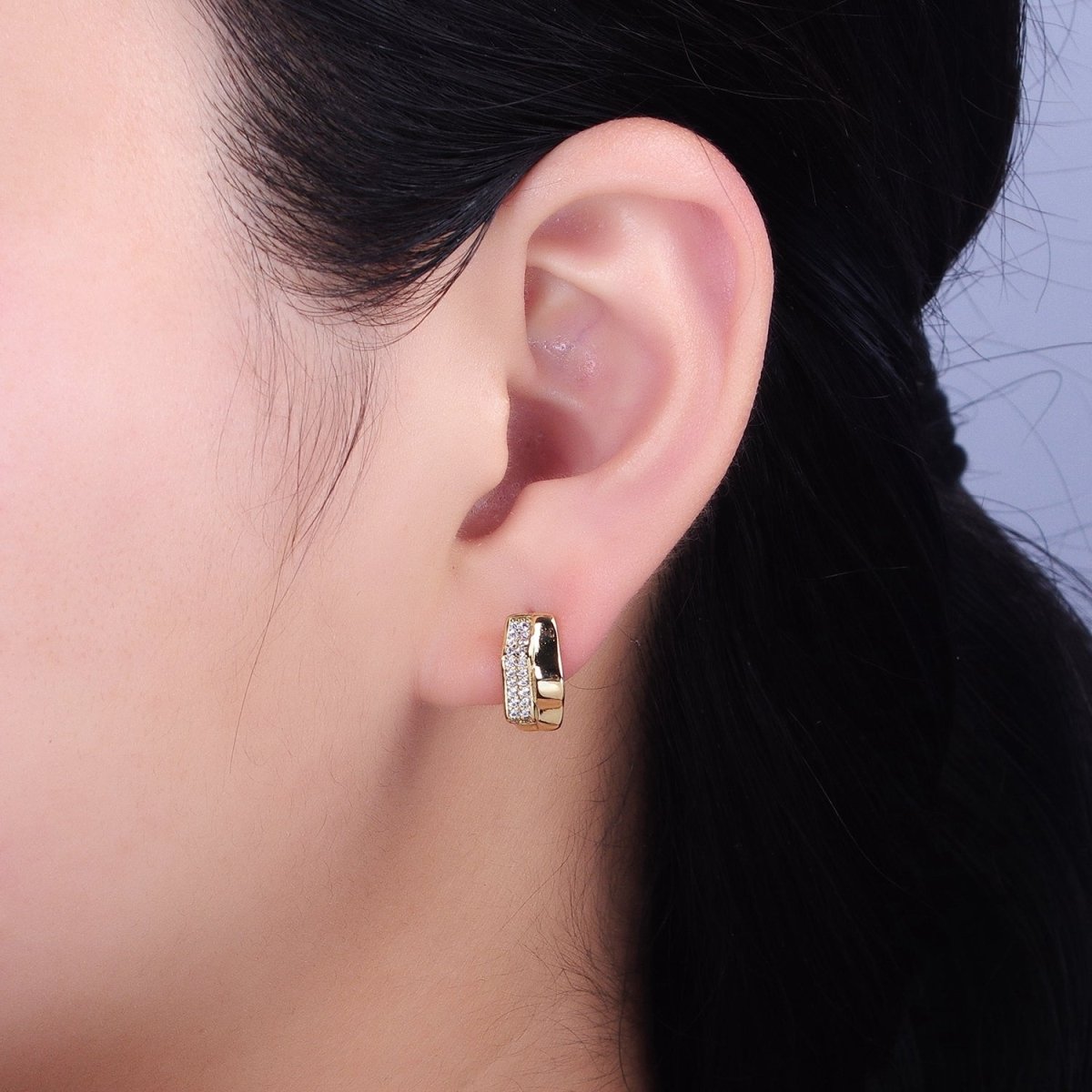 14K Gold plated Double Wavy Band Micro Paved CZ Geometric Huggie Earrings | AB1524 - DLUXCA