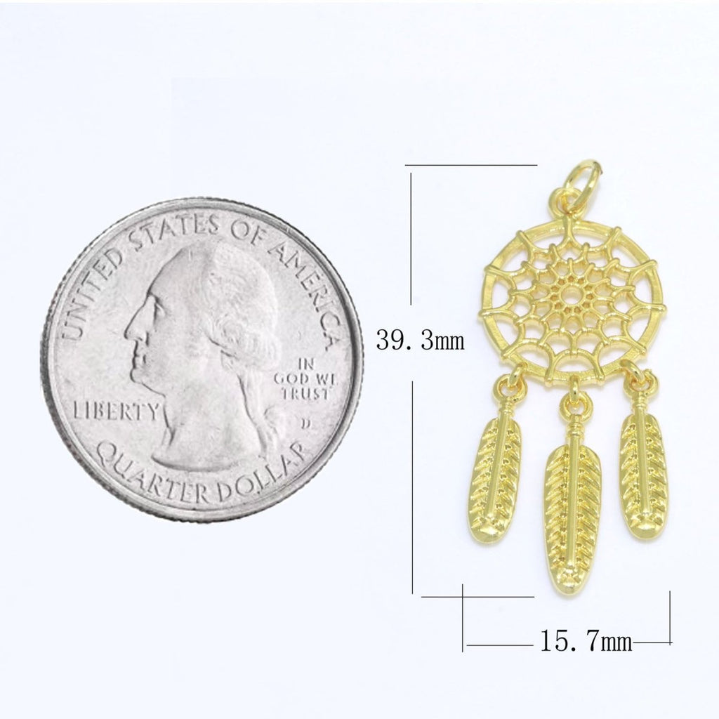 14K Gold plated Dream Catcher Charm Necklace Pendant Boho Charm for Jewelry Making Feather Indian Bohemian Inspired M-691 - DLUXCA