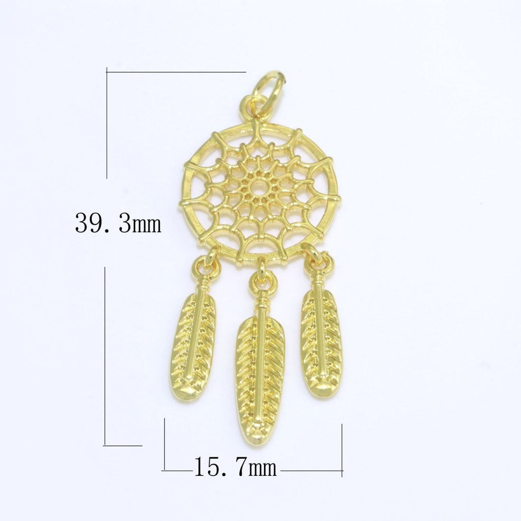 14K Gold plated Dream Catcher Charm Necklace Pendant Boho Charm for Jewelry Making Feather Indian Bohemian Inspired M-691 - DLUXCA