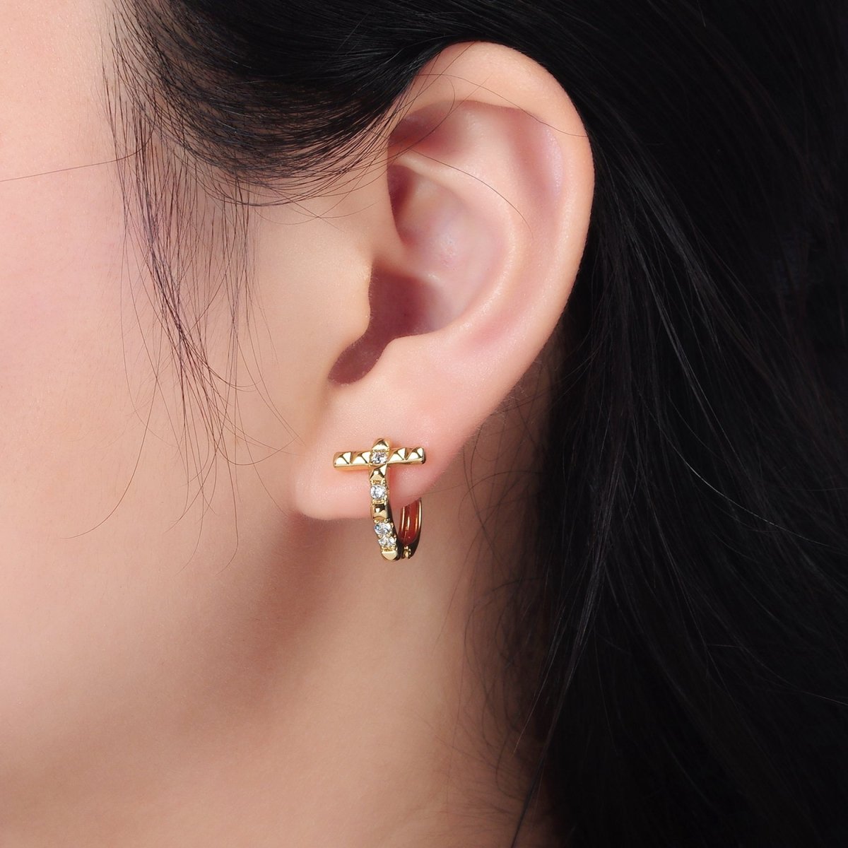 14K Gold plated Edged Spiked CZ Religious Cross Huggie Earrings | AD605 - DLUXCA