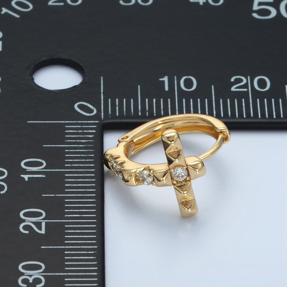 14K Gold plated Edged Spiked CZ Religious Cross Huggie Earrings | AD605 - DLUXCA