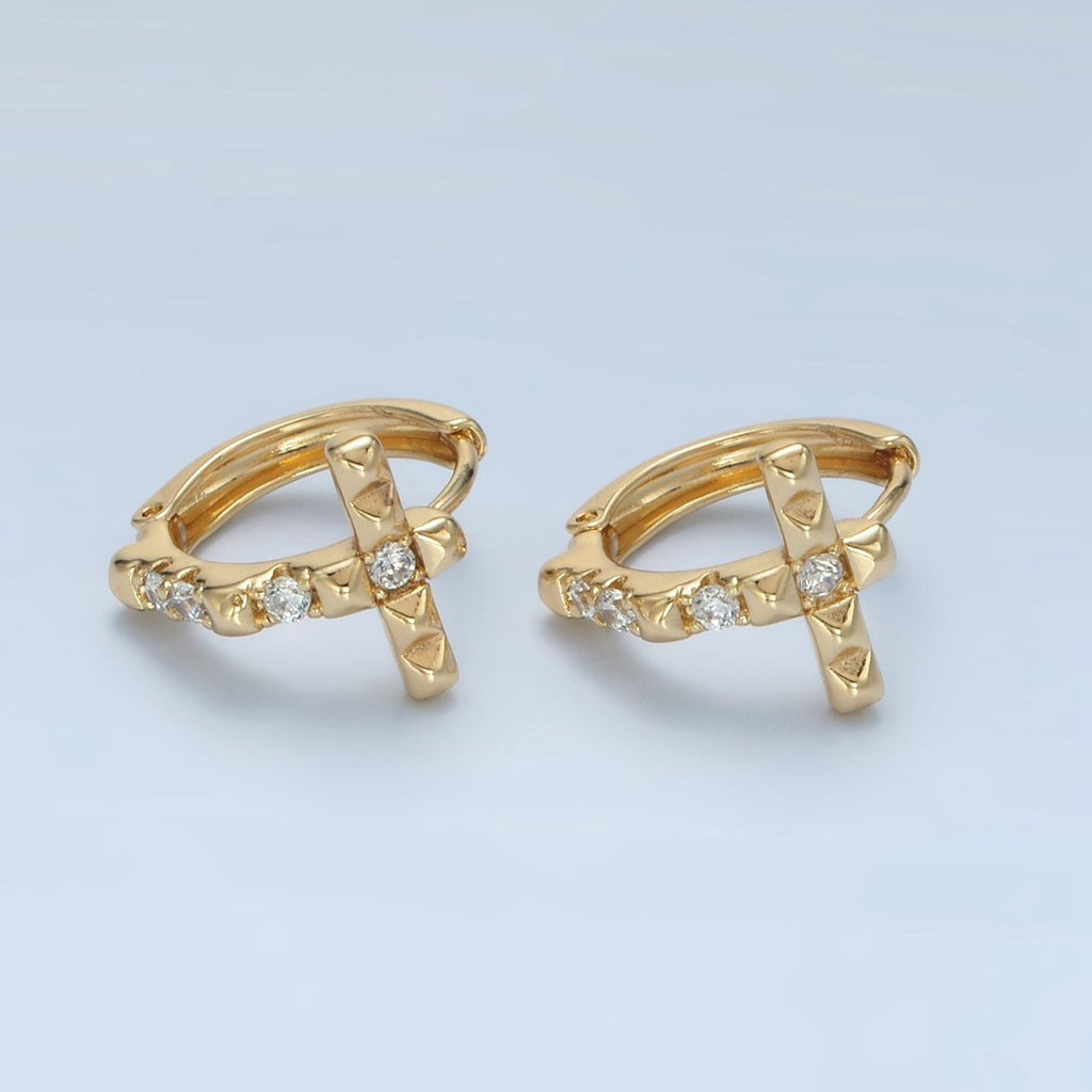 14K Gold plated Edged Spiked CZ Religious Cross Huggie Earrings | AD605 - DLUXCA