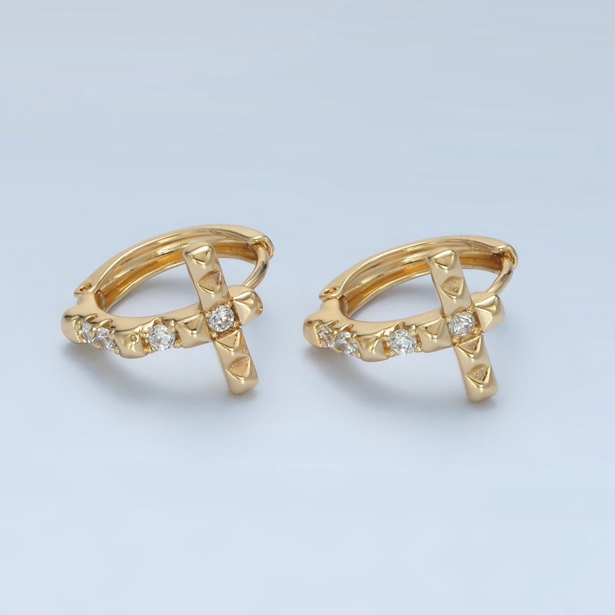 14K Gold plated Edged Spiked CZ Religious Cross Huggie Earrings | AD605 - DLUXCA