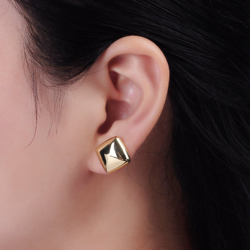 14K Gold plated Edged Square Rhombus Dome Minimalist Stud Earrings | V298 - DLUXCA