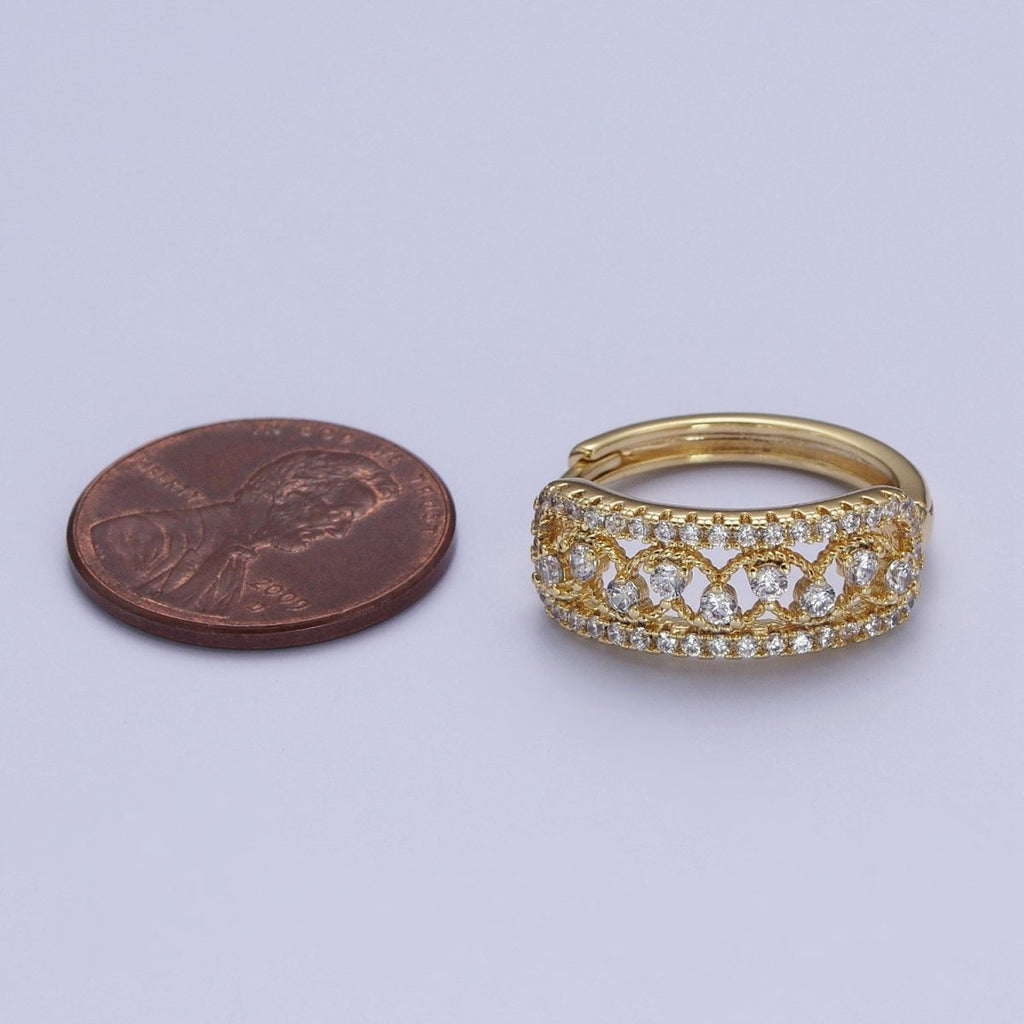 14K Gold plated Elaborate Micro Paved Cubic Zirconia Wide Huggie Hoop Earrings | X-908 - DLUXCA