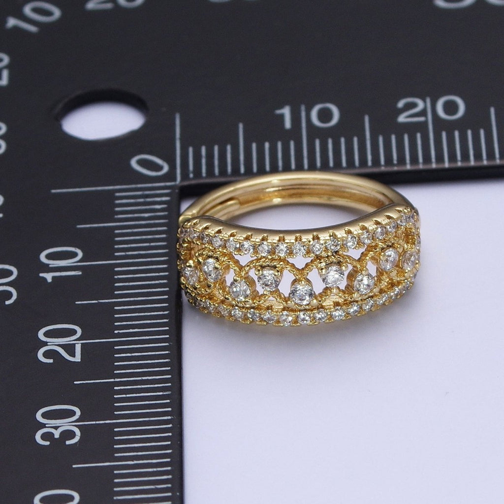 14K Gold plated Elaborate Micro Paved Cubic Zirconia Wide Huggie Hoop Earrings | X-908 - DLUXCA