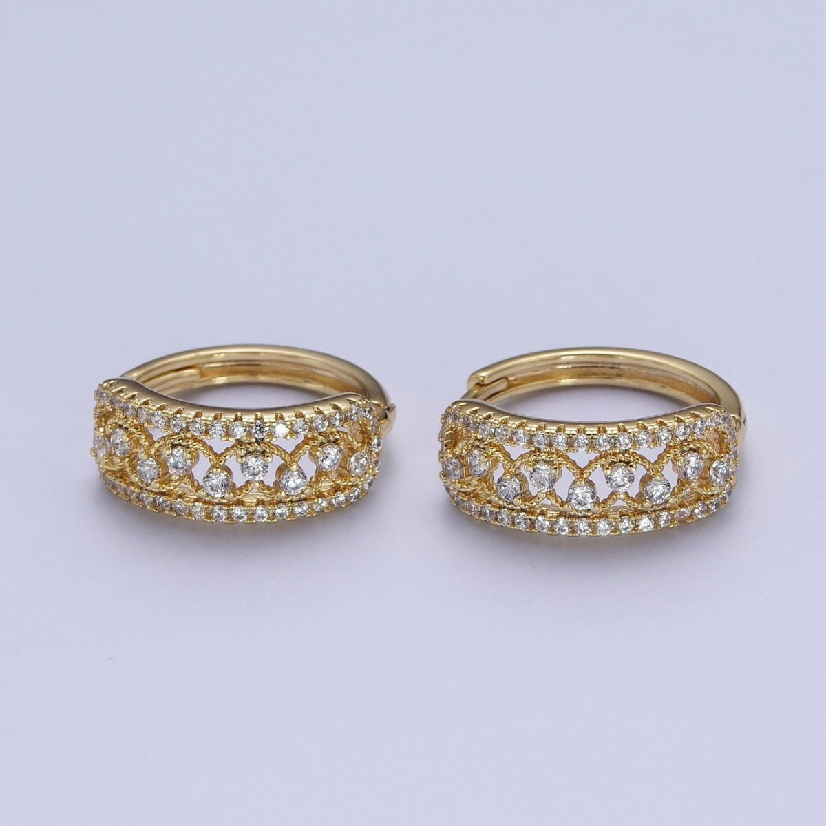 14K Gold plated Elaborate Micro Paved Cubic Zirconia Wide Huggie Hoop Earrings | X-908 - DLUXCA