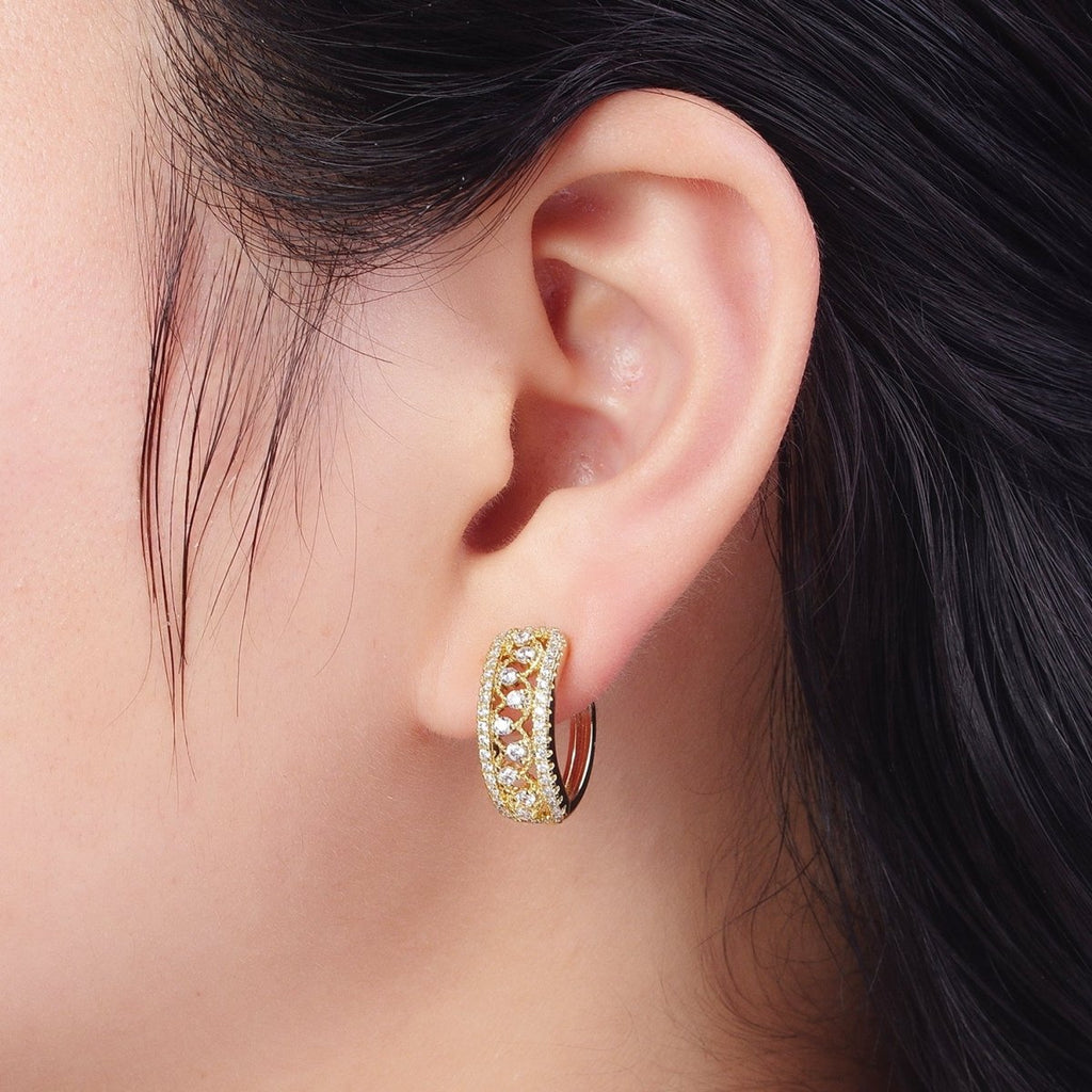 14K Gold plated Elaborate Micro Paved Cubic Zirconia Wide Huggie Hoop Earrings | X-908 - DLUXCA