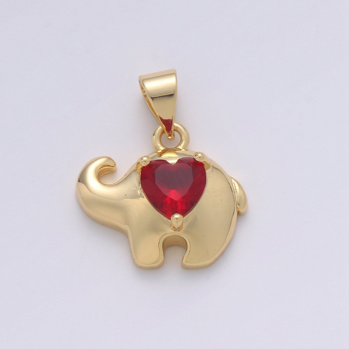 14k Gold plated Elephant lined Ruby Heart Pendant Charm , Elephant with red bead Pendant Charm, Gold plated Pendant, For DIY Jewelry I-853 - DLUXCA