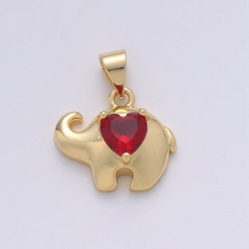 14k Gold plated Elephant lined Ruby Heart Pendant Charm , Elephant with red bead Pendant Charm, Gold plated Pendant, For DIY Jewelry I-853 - DLUXCA