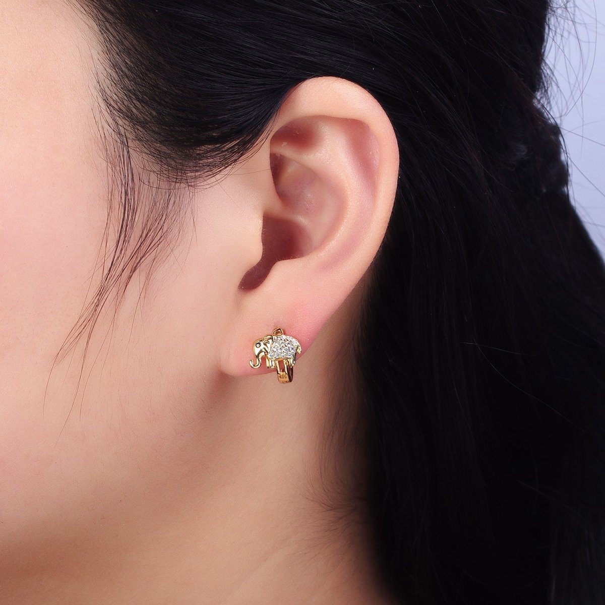 14K Gold plated Elephant Micro Paved CZ Cartilage Huggie Earrings | AD1383 - DLUXCA