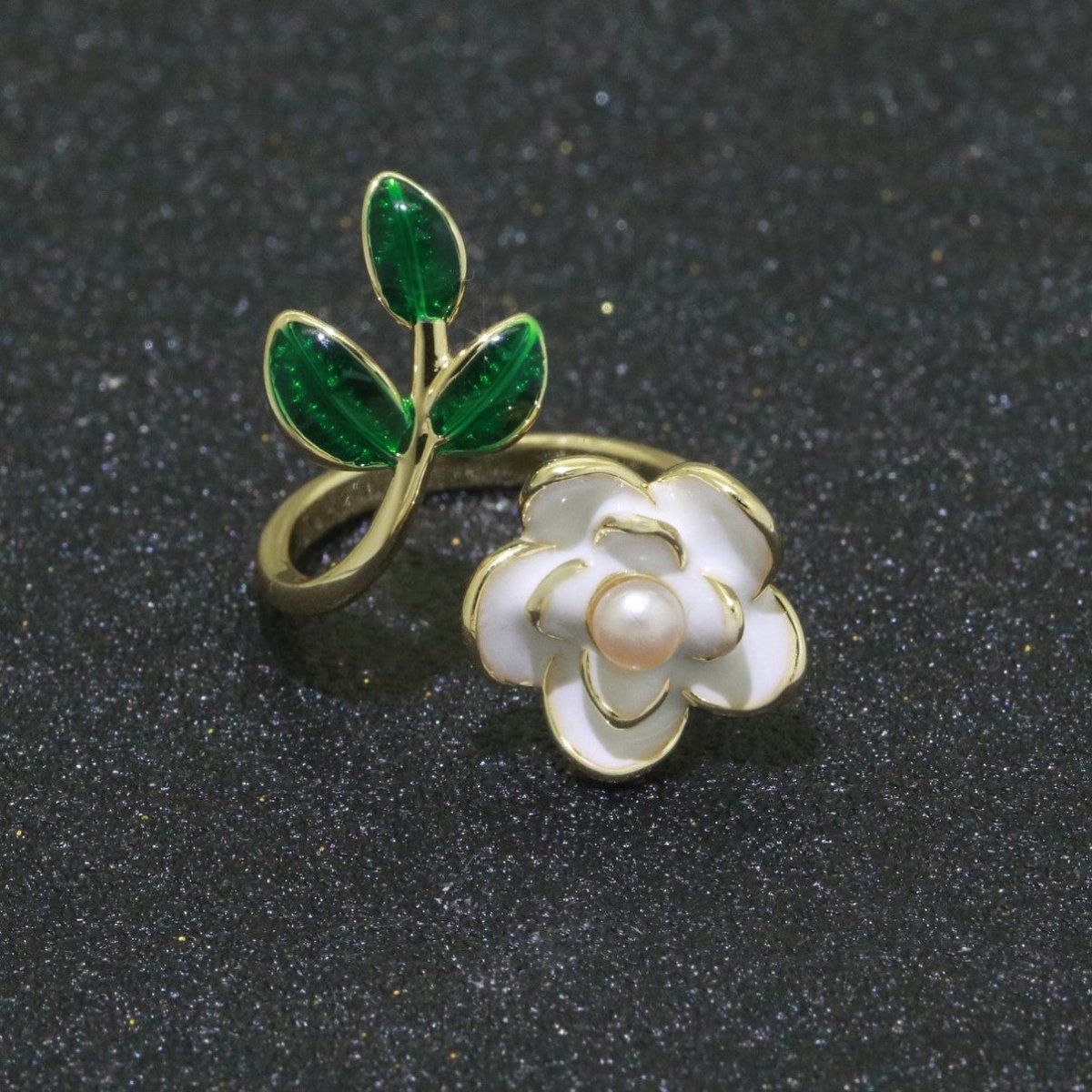 14K Gold plated Enamel Pearl Rose Open Wrap Ring | S095-S098