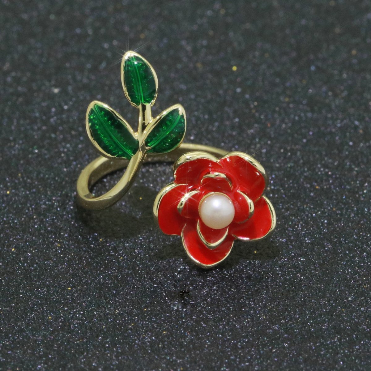 14K Gold plated Enamel Pearl Rose Open Wrap Ring | S095-S098