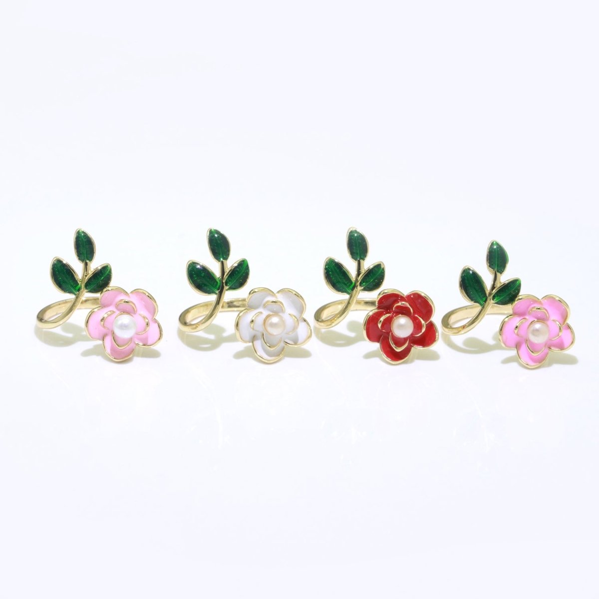 14K Gold plated Enamel Pearl Rose Open Wrap Ring | S095-S098