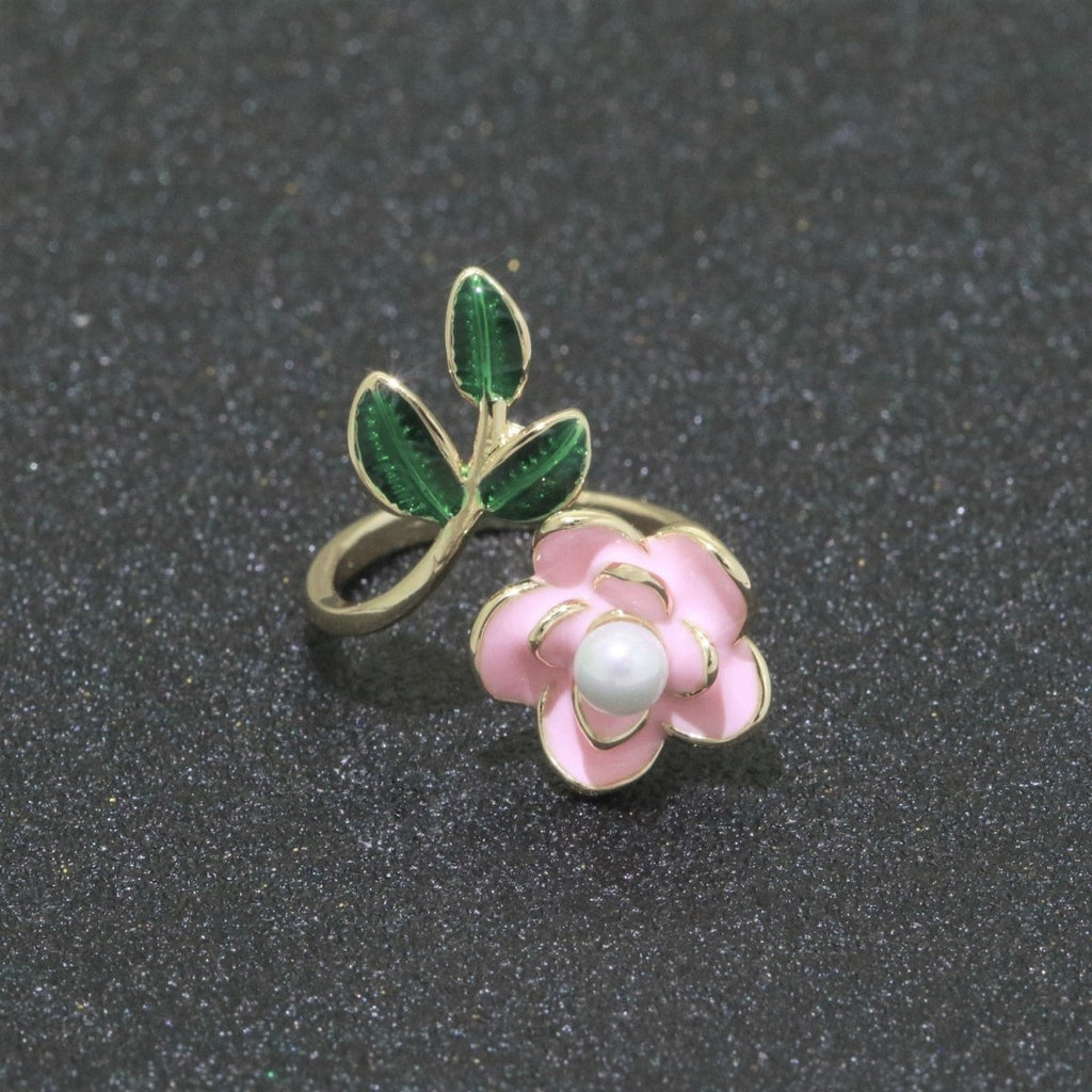 14K Gold plated Enamel Pearl Rose Open Wrap Ring | S095-S098