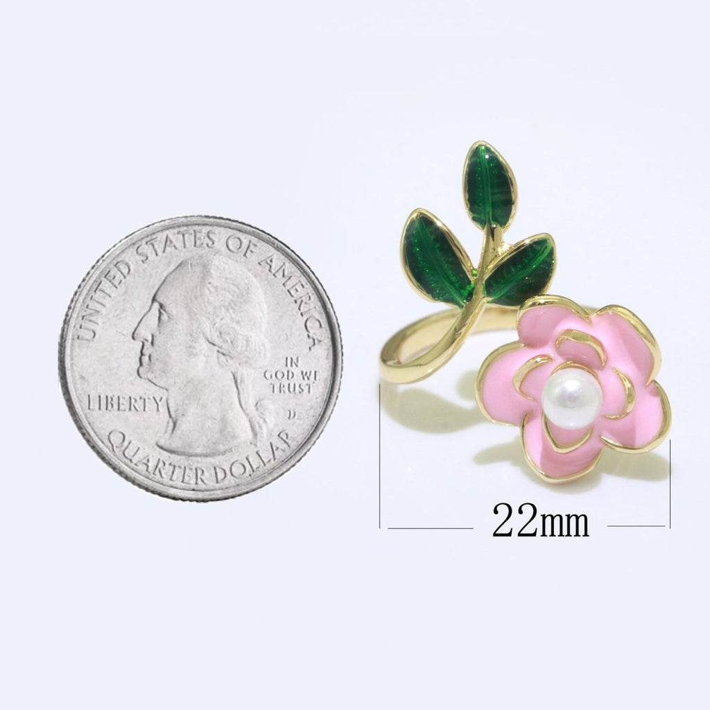 14K Gold plated Enamel Pearl Rose Open Wrap Ring | S095-S098