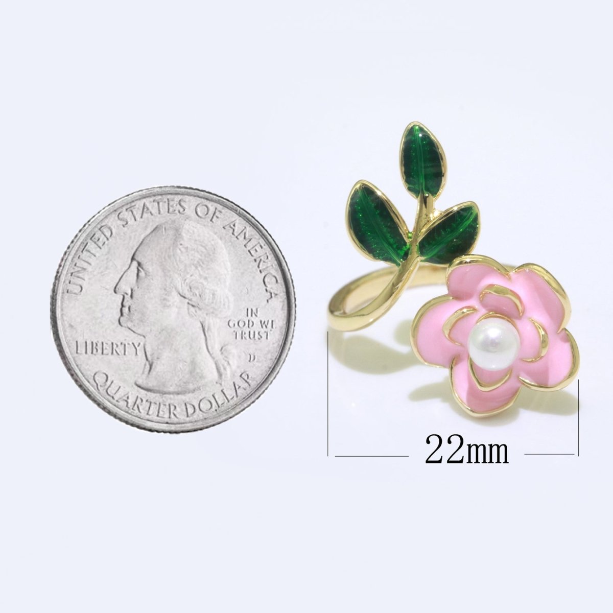 14K Gold plated Enamel Pearl Rose Open Wrap Ring | S095-S098