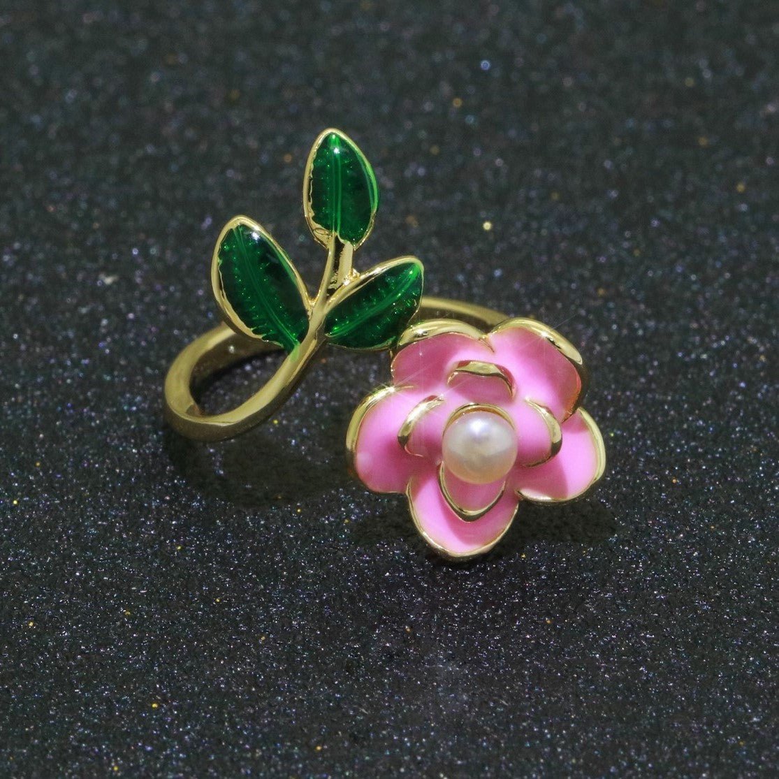 14K Gold plated Enamel Pearl Rose Open Wrap Ring | S095-S098