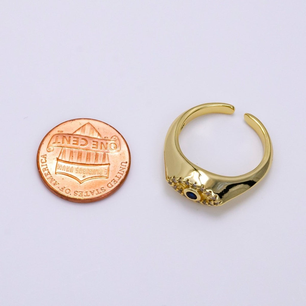 14K Gold plated Evil Eye Blue Micro Paved Open CZ Signet Ring | O001 - DLUXCA