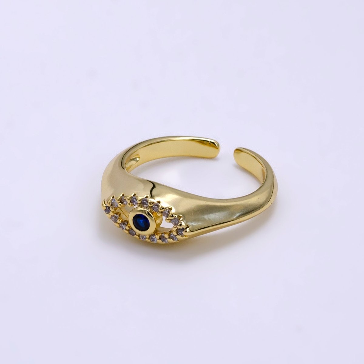 14K Gold plated Evil Eye Blue Micro Paved Open CZ Signet Ring | O001 - DLUXCA