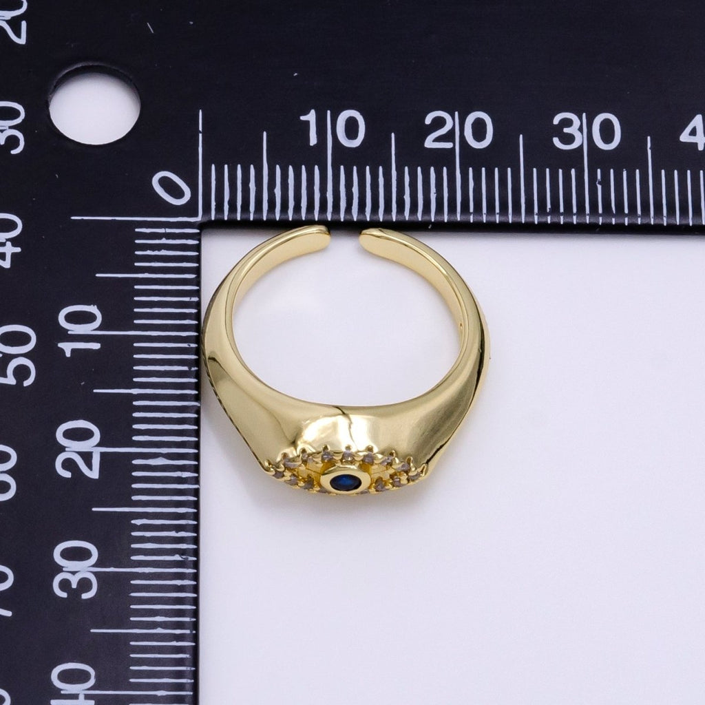 14K Gold plated Evil Eye Blue Micro Paved Open CZ Signet Ring | O001 - DLUXCA