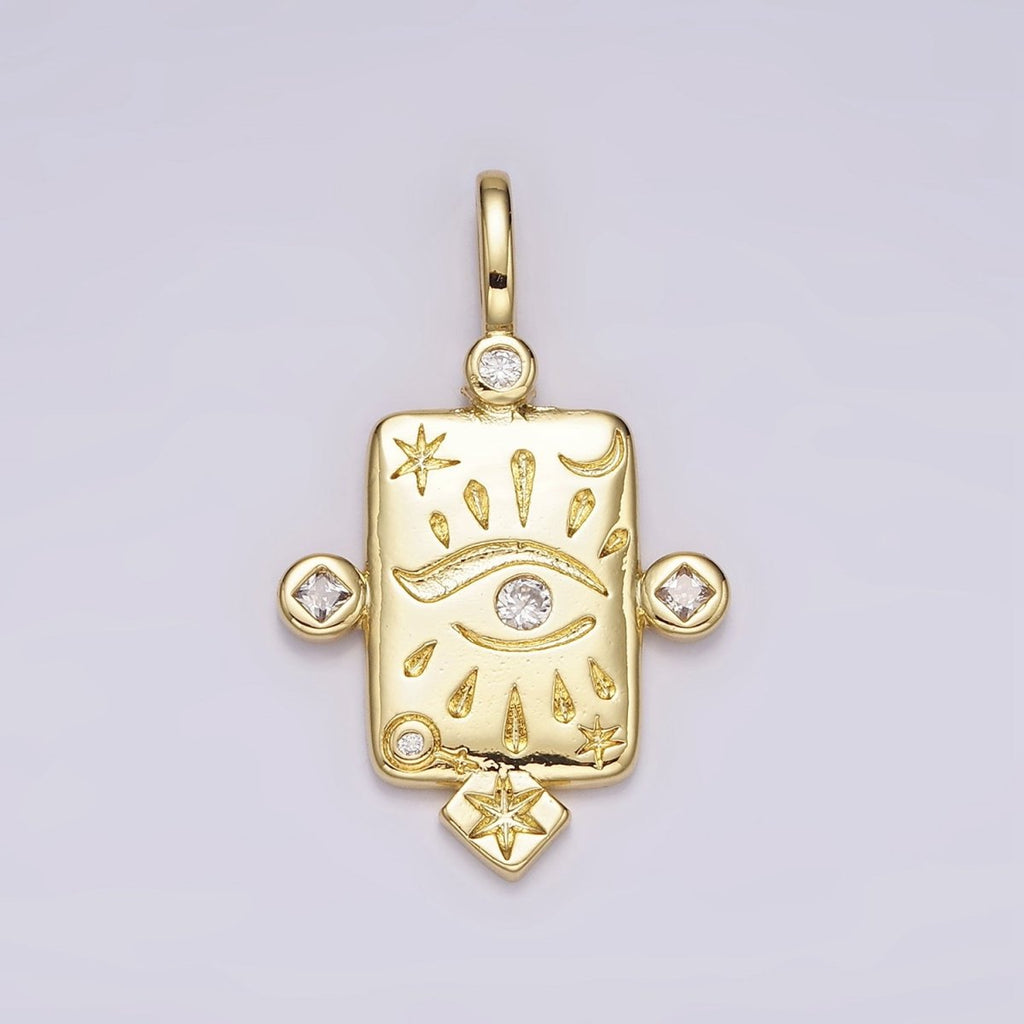14K Gold plated Evil Eye Celestial Star Moon CZ Dotted Rectangular Pendant | AH112 - DLUXCA