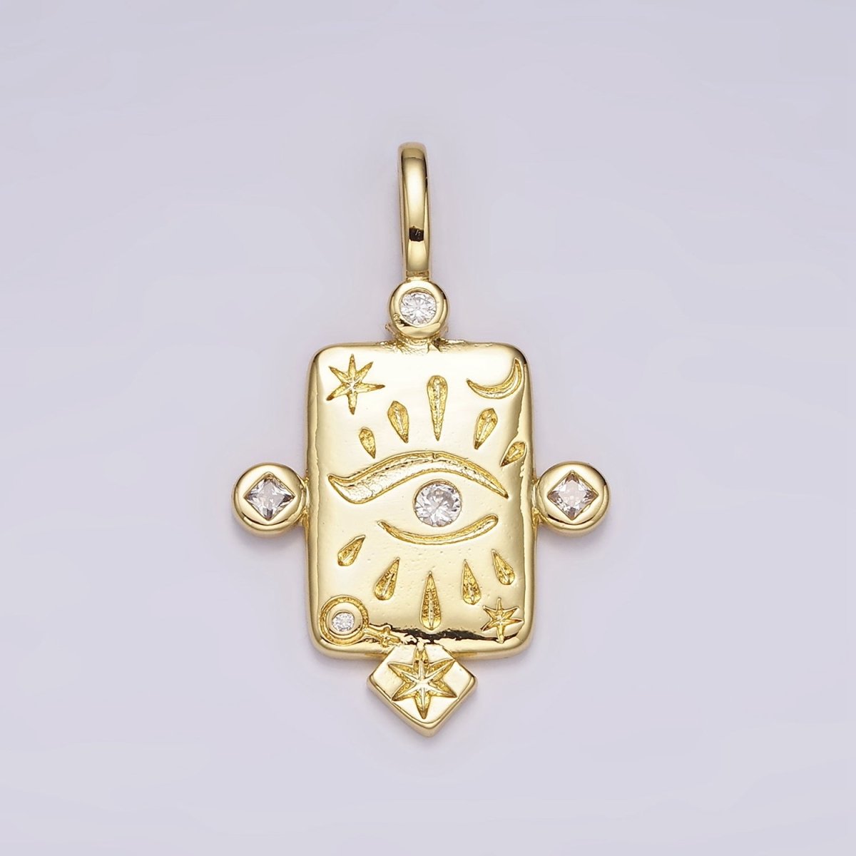 14K Gold plated Evil Eye Celestial Star Moon CZ Dotted Rectangular Pendant | AH112 - DLUXCA