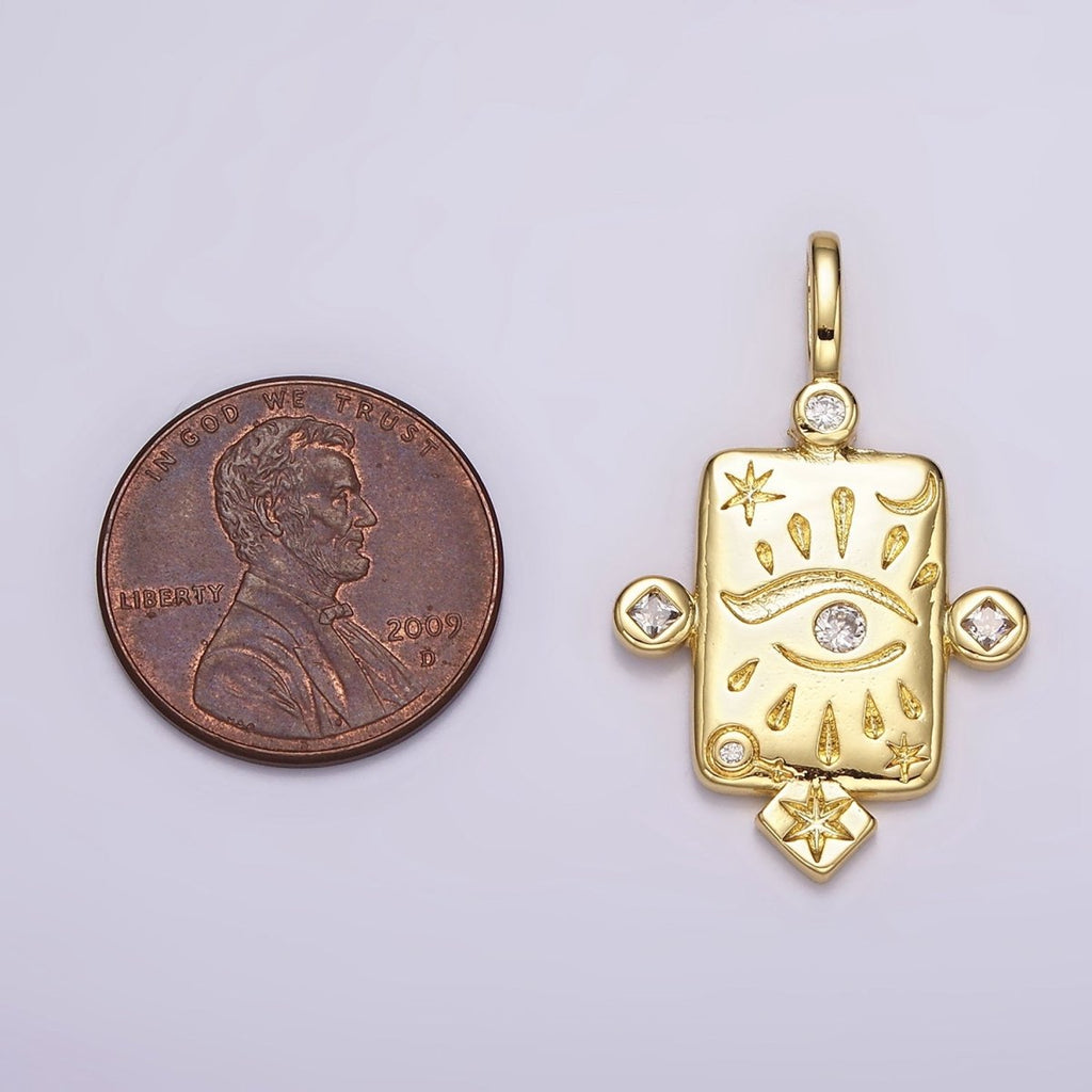 14K Gold plated Evil Eye Celestial Star Moon CZ Dotted Rectangular Pendant | AH112 - DLUXCA