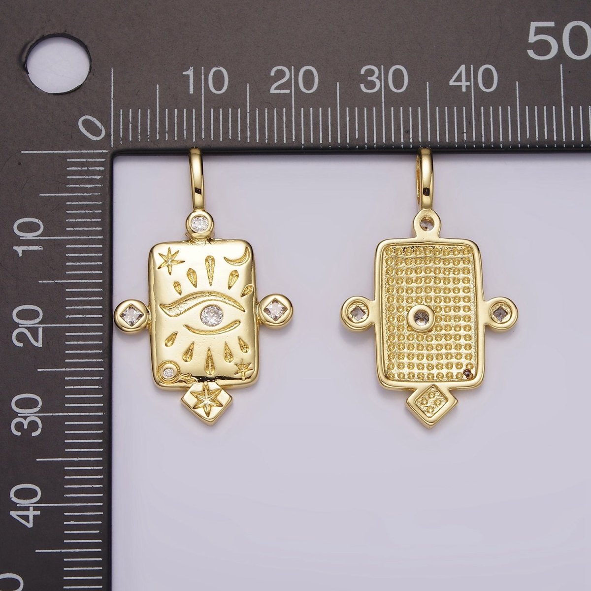 14K Gold plated Evil Eye Celestial Star Moon CZ Dotted Rectangular Pendant | AH112 - DLUXCA