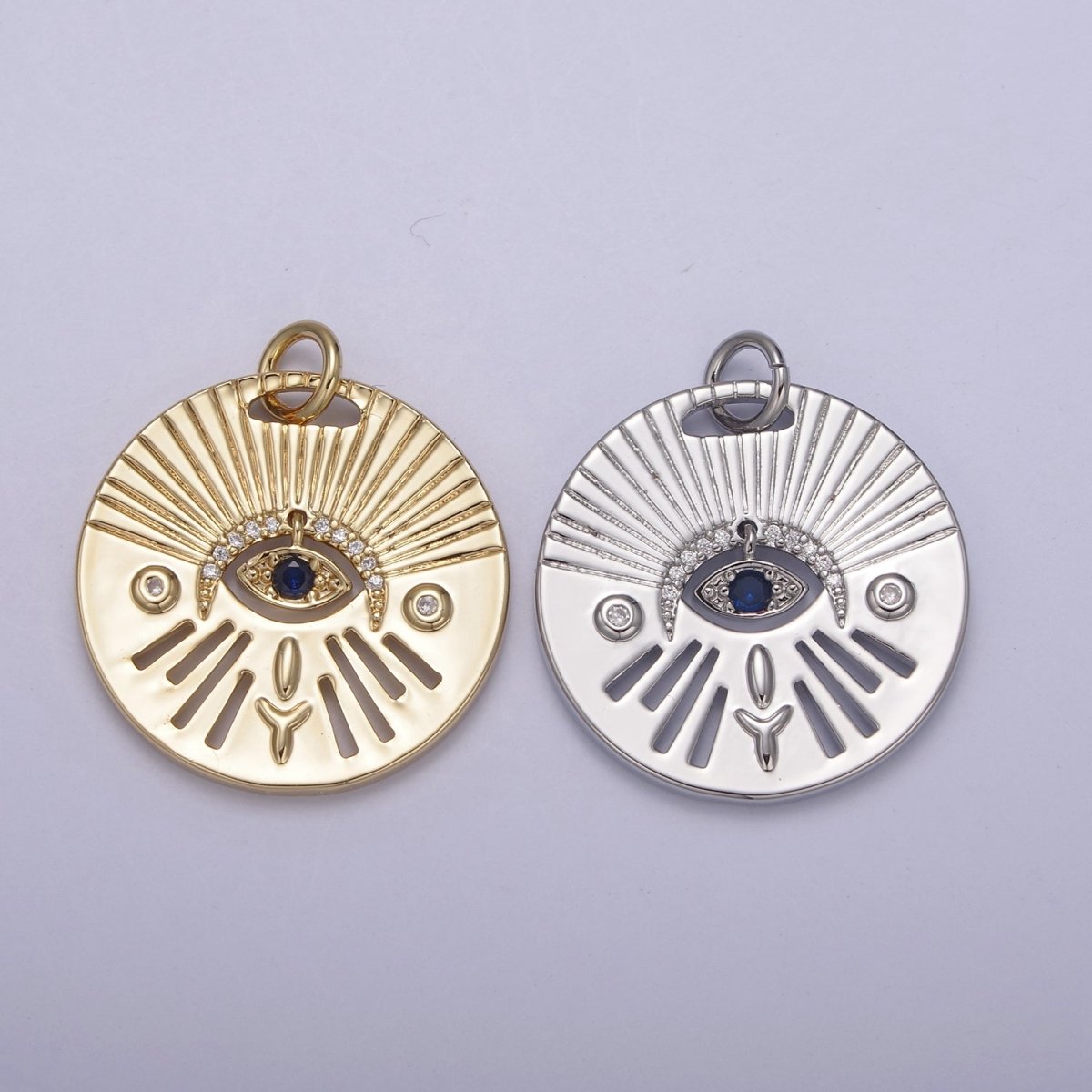 14K Gold plated Evil Eye Charm, Gold Disc Evil Eye Pendant, Cubic Medallion Coin Charm, Amulet Talisman Pendant N-763 N-764