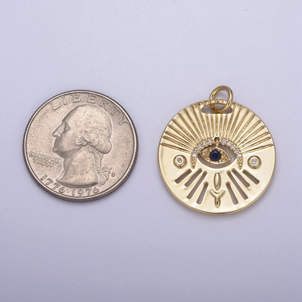 14K Gold plated Evil Eye Charm, Gold Disc Evil Eye Pendant, Cubic Medallion Coin Charm, Amulet Talisman Pendant N-763 N-764