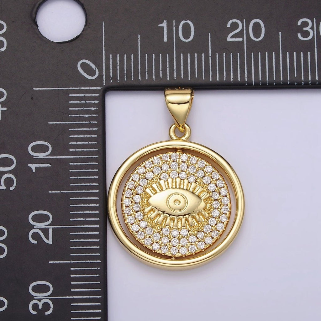 14K Gold plated Evil Eye Clear Micro Paved CZ Double Sided Spinning Round Pendant | N1288 - DLUXCA