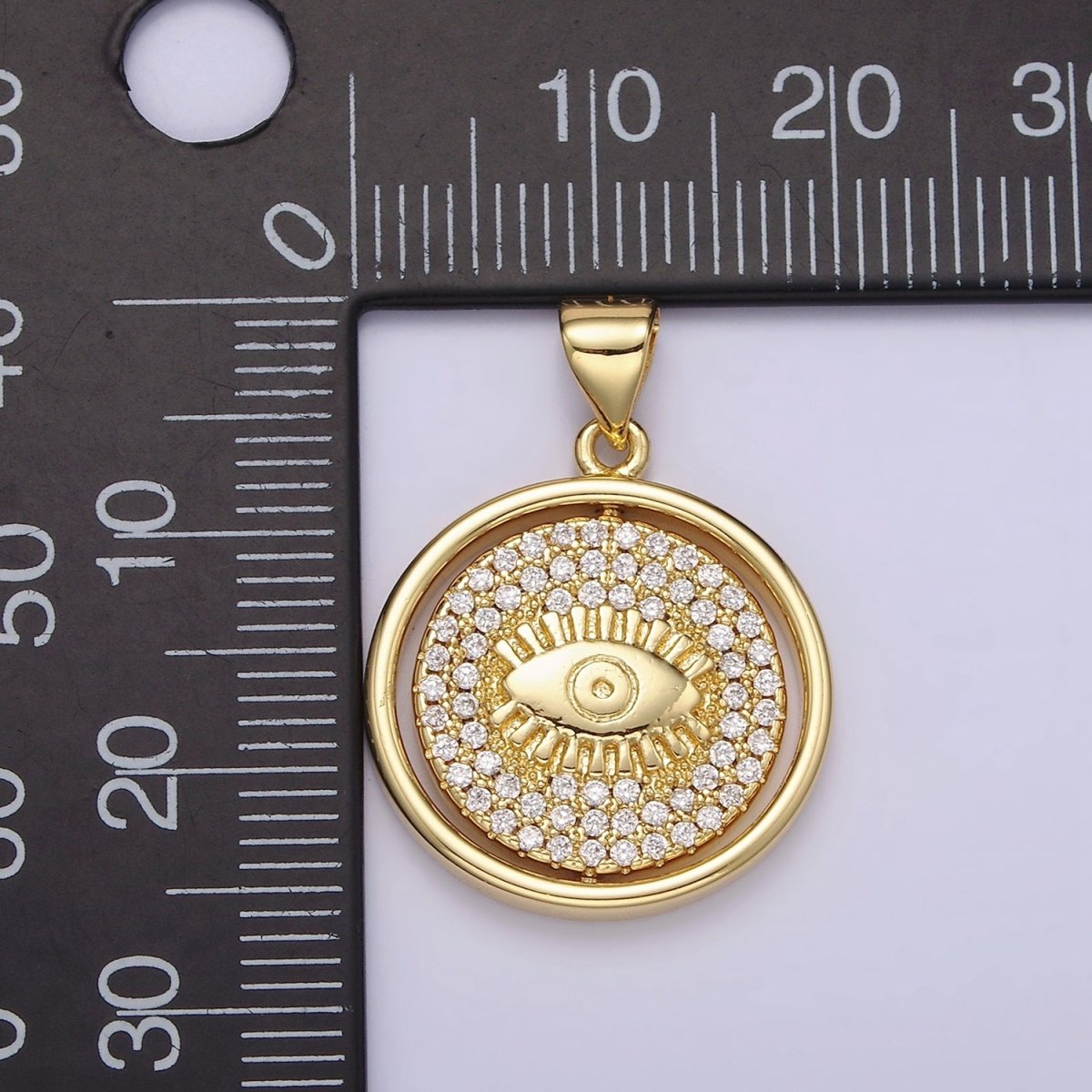 14K Gold plated Evil Eye Clear Micro Paved CZ Double Sided Spinning Round Pendant | N1288 - DLUXCA