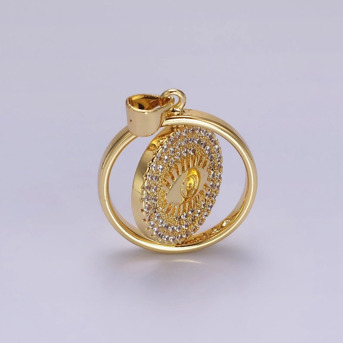 14K Gold plated Evil Eye Clear Micro Paved CZ Double Sided Spinning Round Pendant | N1288 - DLUXCA