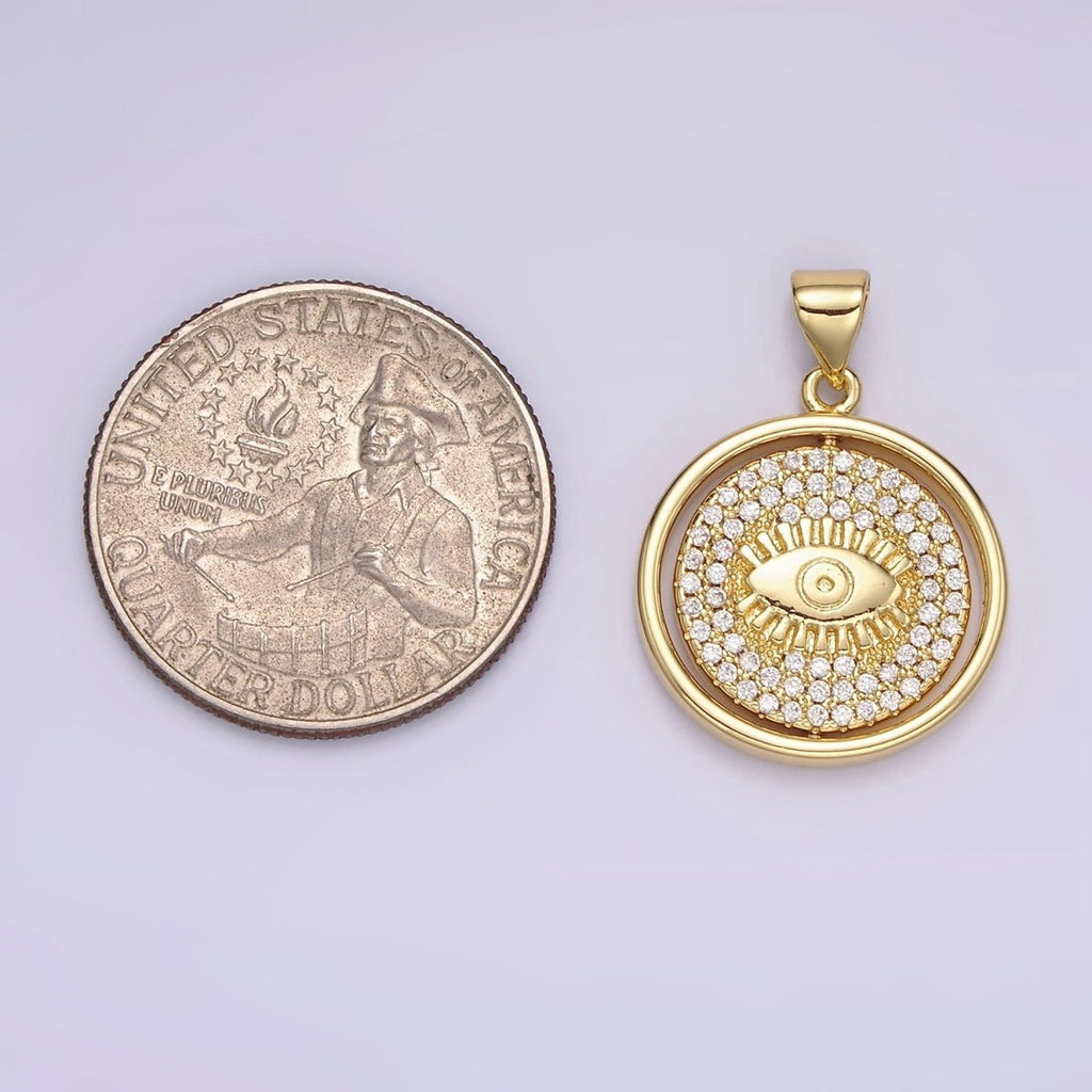 14K Gold plated Evil Eye Clear Micro Paved CZ Double Sided Spinning Round Pendant | N1288 - DLUXCA