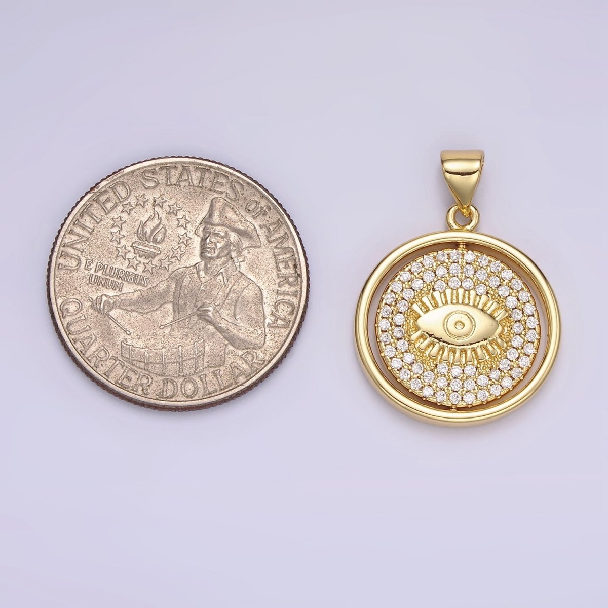 14K Gold plated Evil Eye Clear Micro Paved CZ Double Sided Spinning Round Pendant | N1288 - DLUXCA