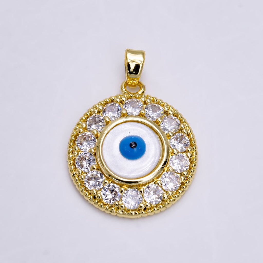 14K Gold plated Evil Eye Clear Micro Paved CZ Lined Braided Round Pendant | N1463 - DLUXCA