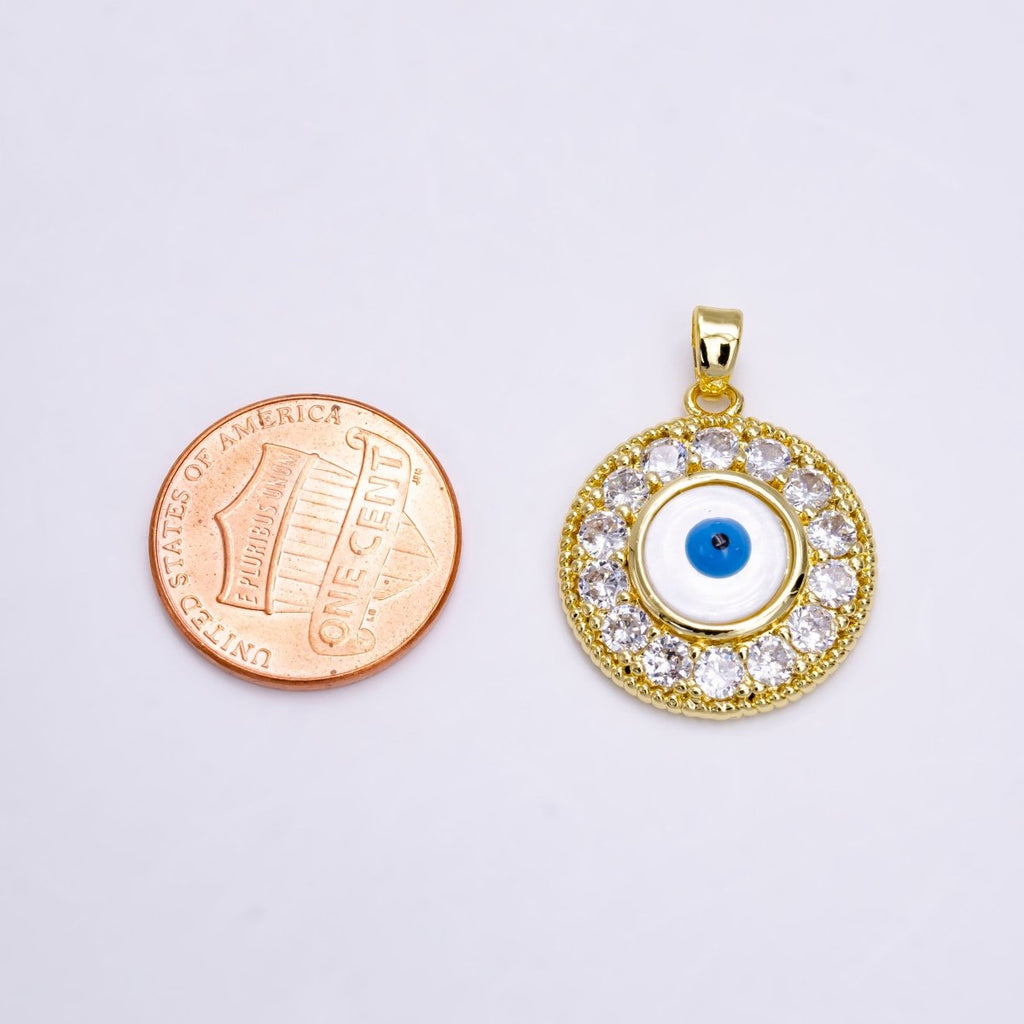 14K Gold plated Evil Eye Clear Micro Paved CZ Lined Braided Round Pendant | N1463 - DLUXCA