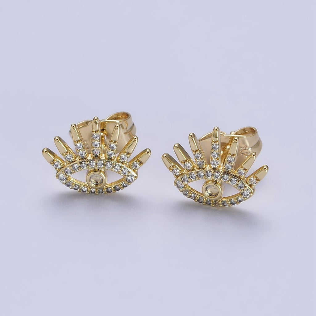 14K Gold plated Evil Eye Clear Micro Paved CZ Protection Stud Earrings | AB322 - DLUXCA