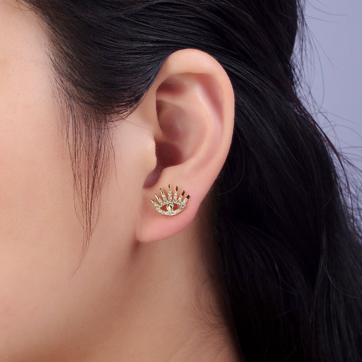 14K Gold plated Evil Eye Clear Micro Paved CZ Protection Stud Earrings | AB322 - DLUXCA