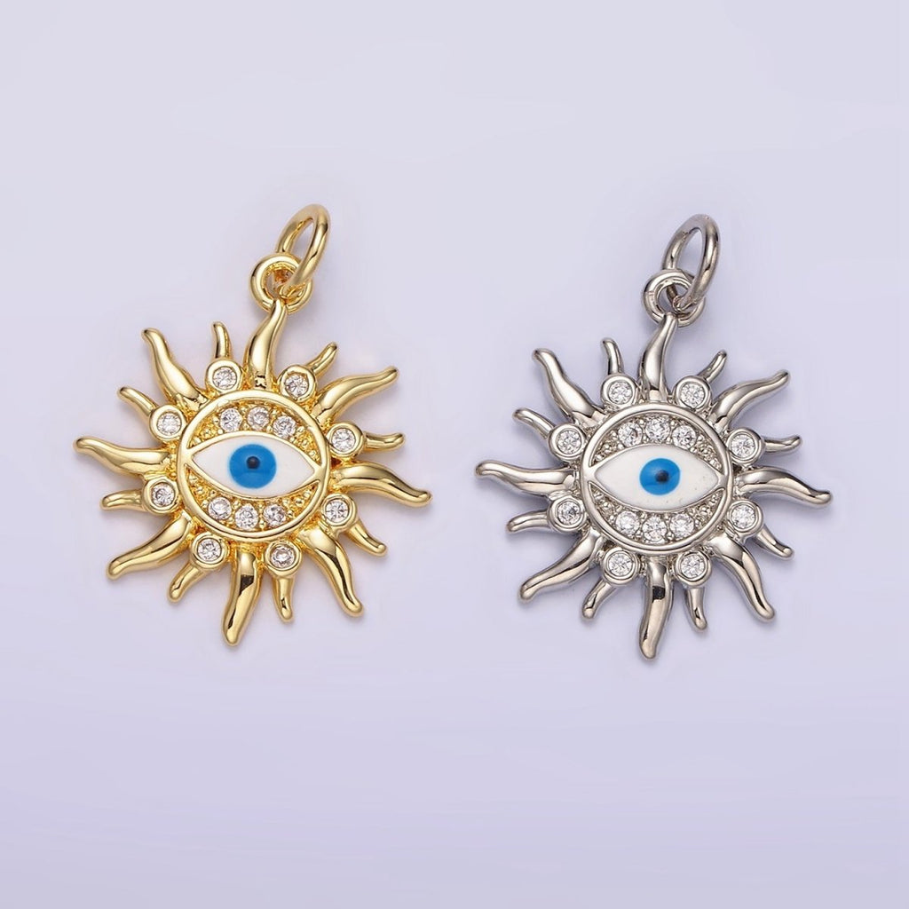 14K Gold plated Evil Eye CZ Dotted Celestial Sun Charm in Gold & Silver | N1159 N1160